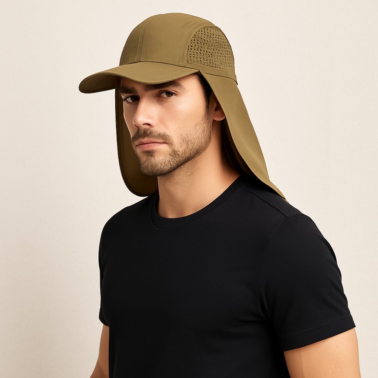 Un homme orte la Casquette Protège Nuque kaki