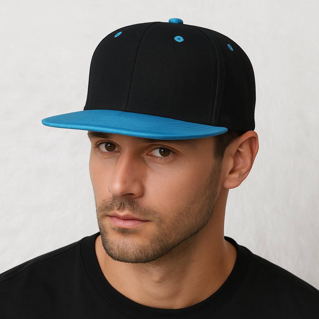 Un homme porte la Casquette Snapback visière plate noir & bleu