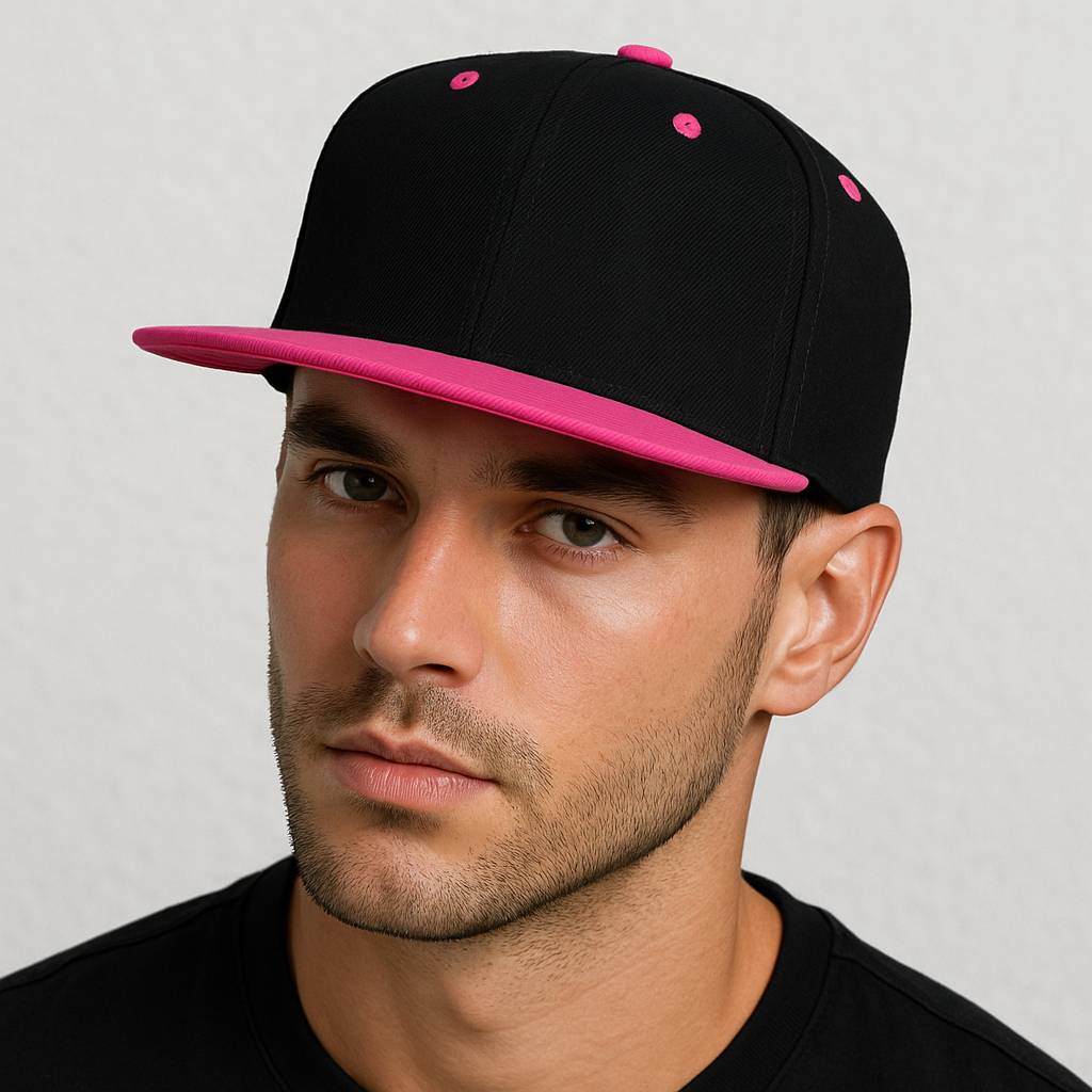 Un homme porte la Casquette Snapback visière plate noir & rose