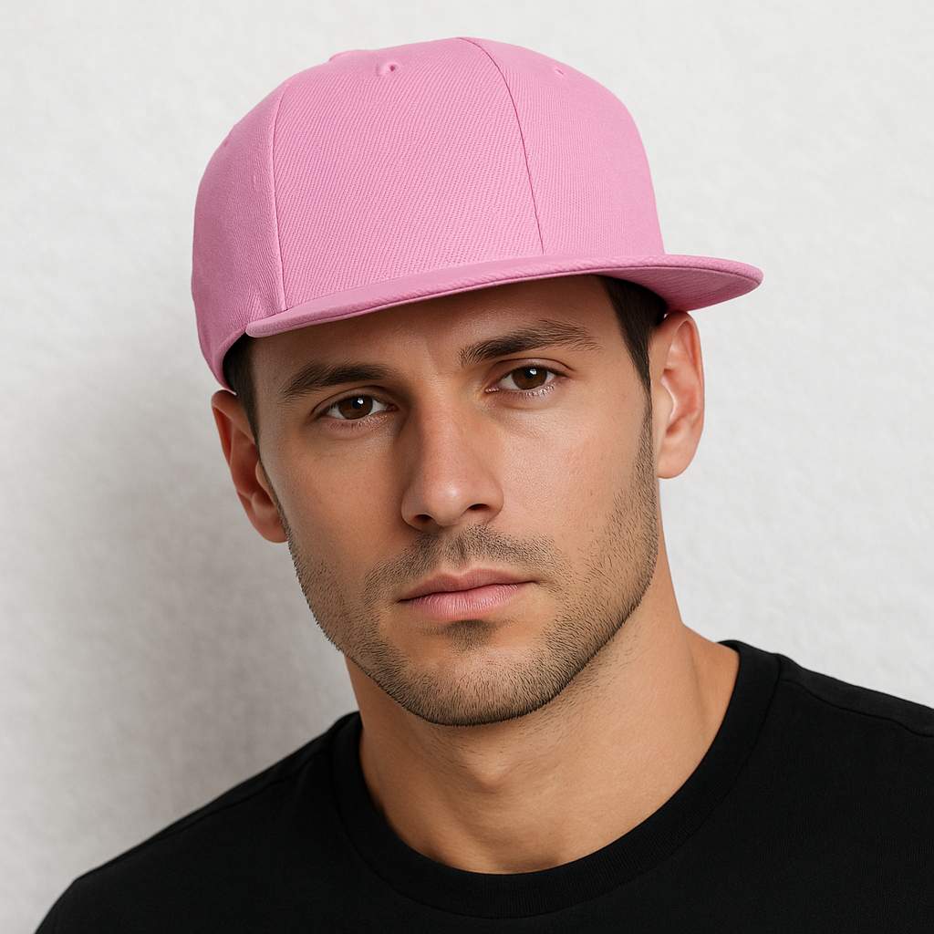 Un homme porte la Casquette Snapback visière plate rose