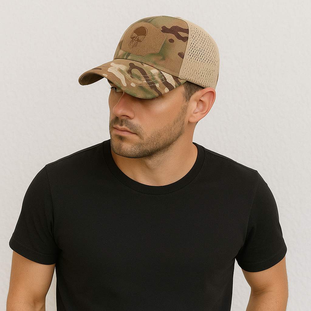 Un homme porte la Casquette Tête de mort Camouflage de Plaine