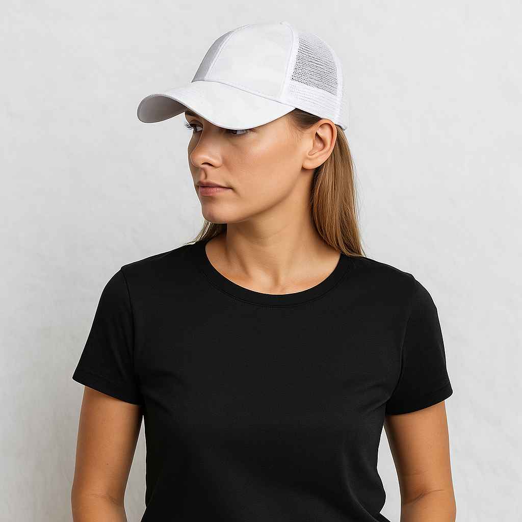 Une femme porte la Casquette Trucker Femme Blanche