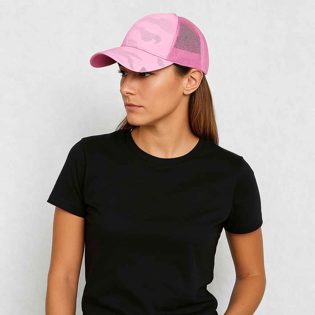 Une femme porte la Casquette Trucker Femme Rose