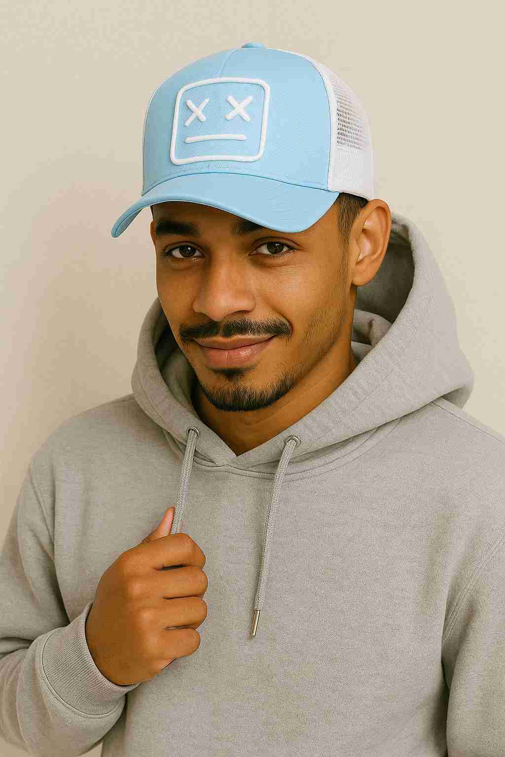 Un homme porte la Casquette Trucker Smiley bleu ciel