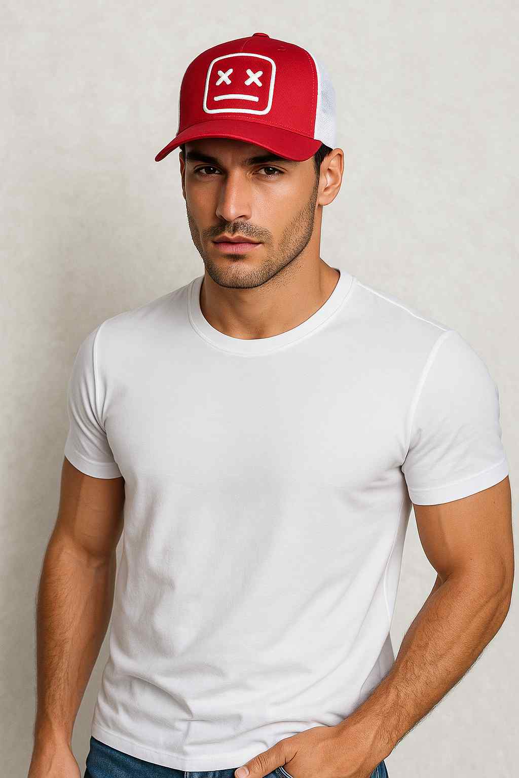 Un homme porte la Casquette Trucker Smiley rouge