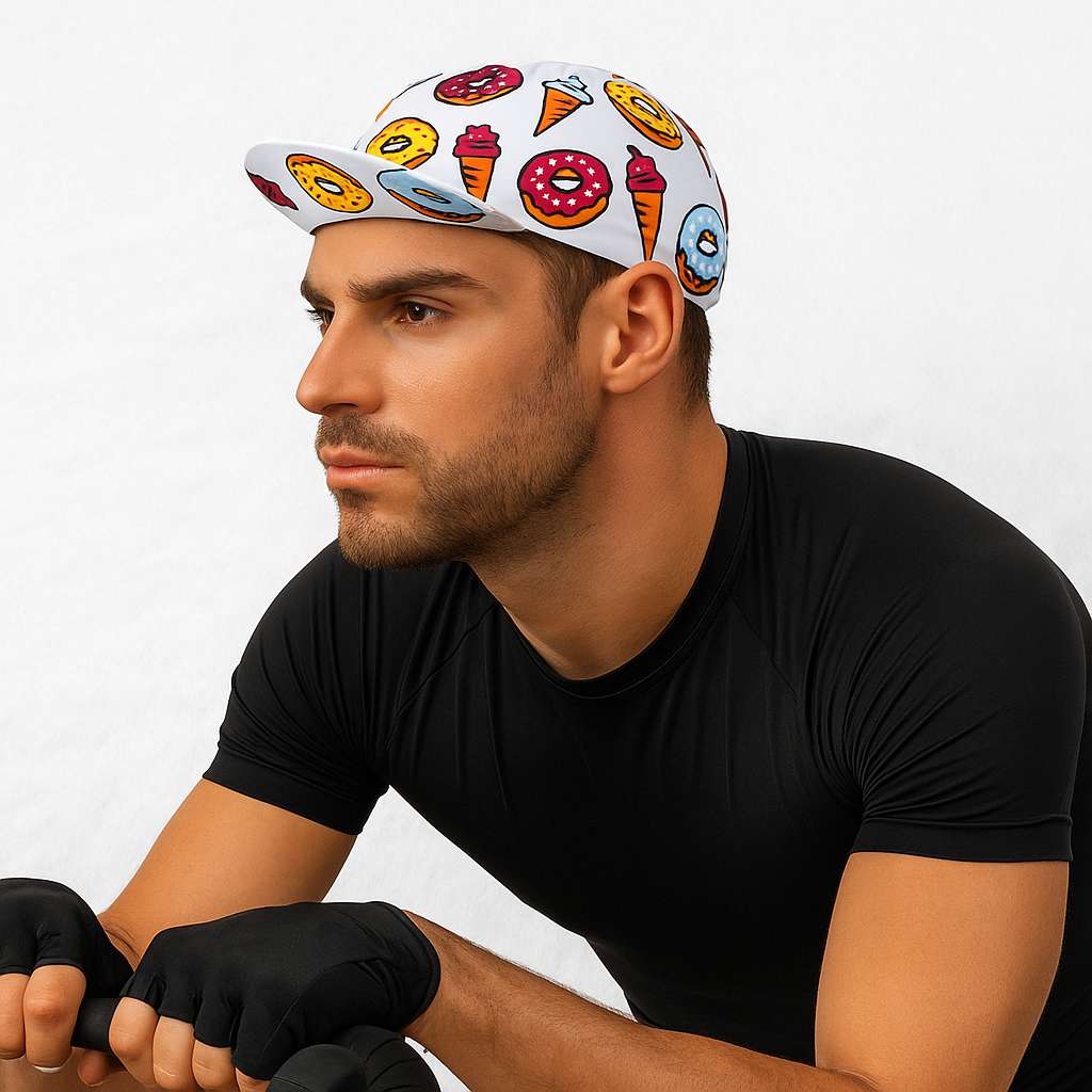 Un homme porte la Casquette Vélo Gourmande
