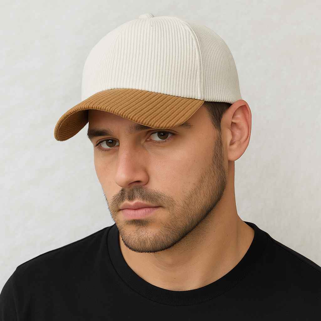 Un homme porte la Casquette Velours Côtelé Bicolore Beige