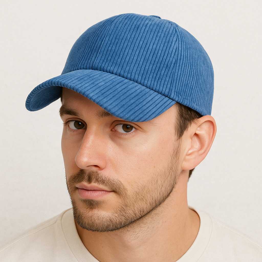 Un homme porte la Casquette Velours Côtelé Bleu