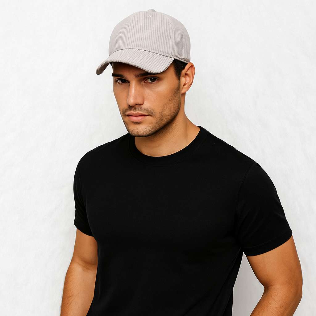 Un homme porte la Casquette Velours Côtelé Gris Clair