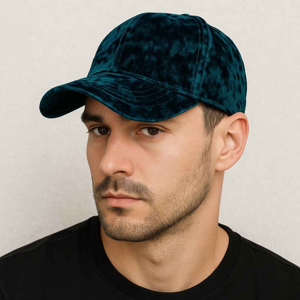 Un homme porte la Casquette Velours de Soie Bleu Canard