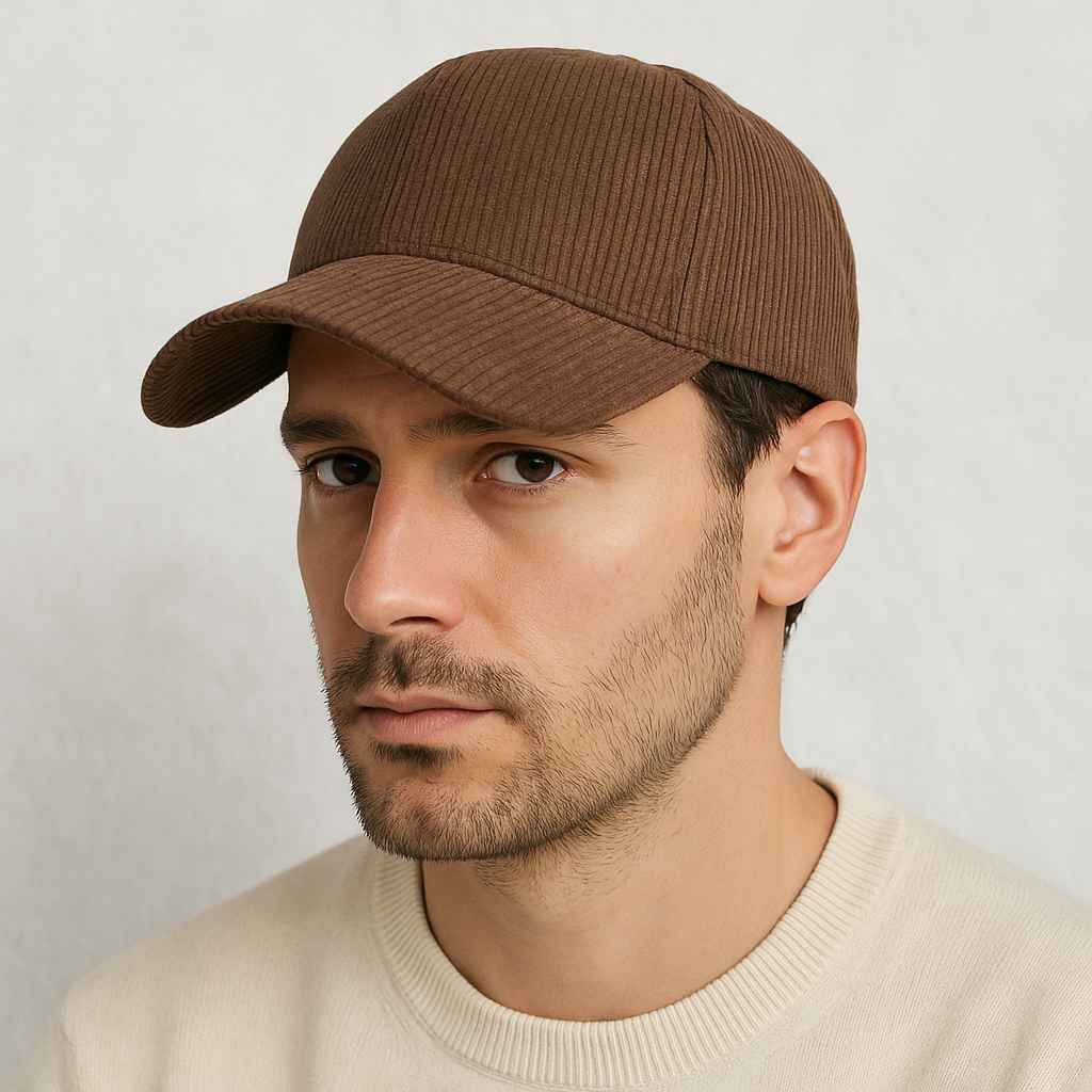 Un homme porte la Casquette Velours Côtelé Marron