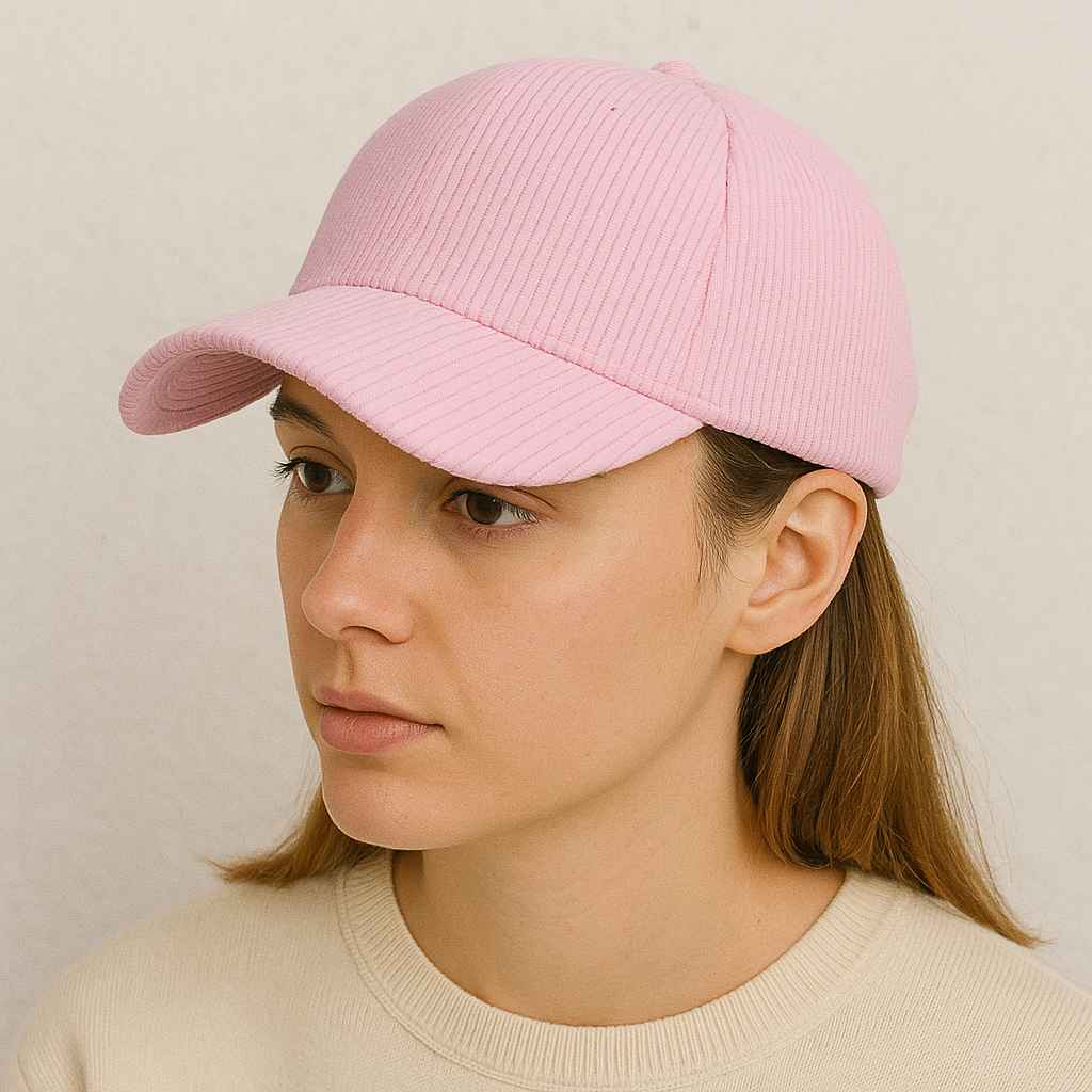 Une femme porte la Casquette Velours Côtelé Rose