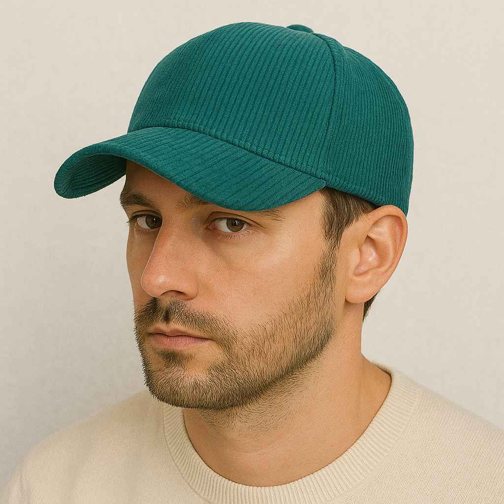 n homme porte la Casquette Velours Côtelé Vert Sapin