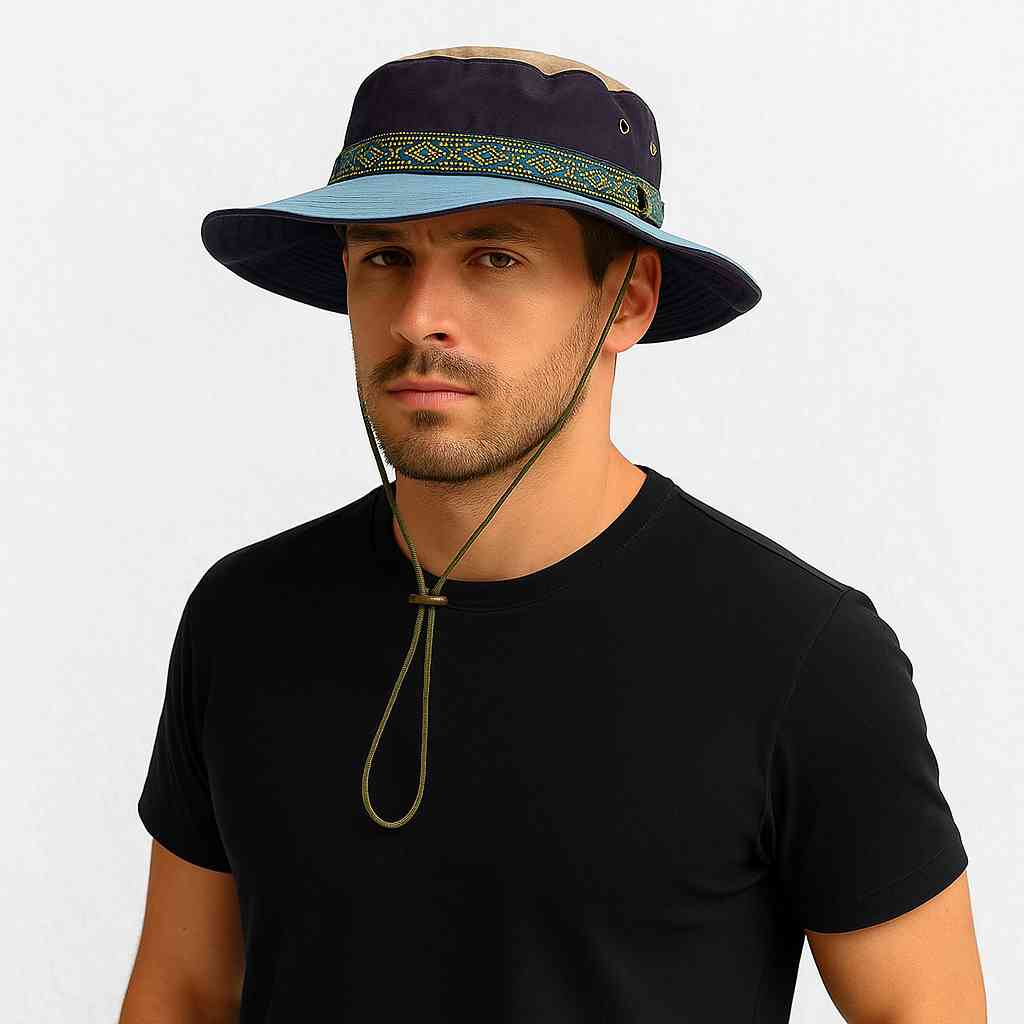 Un homme porte le Chapeau Bob Randonnée ethnique bleu