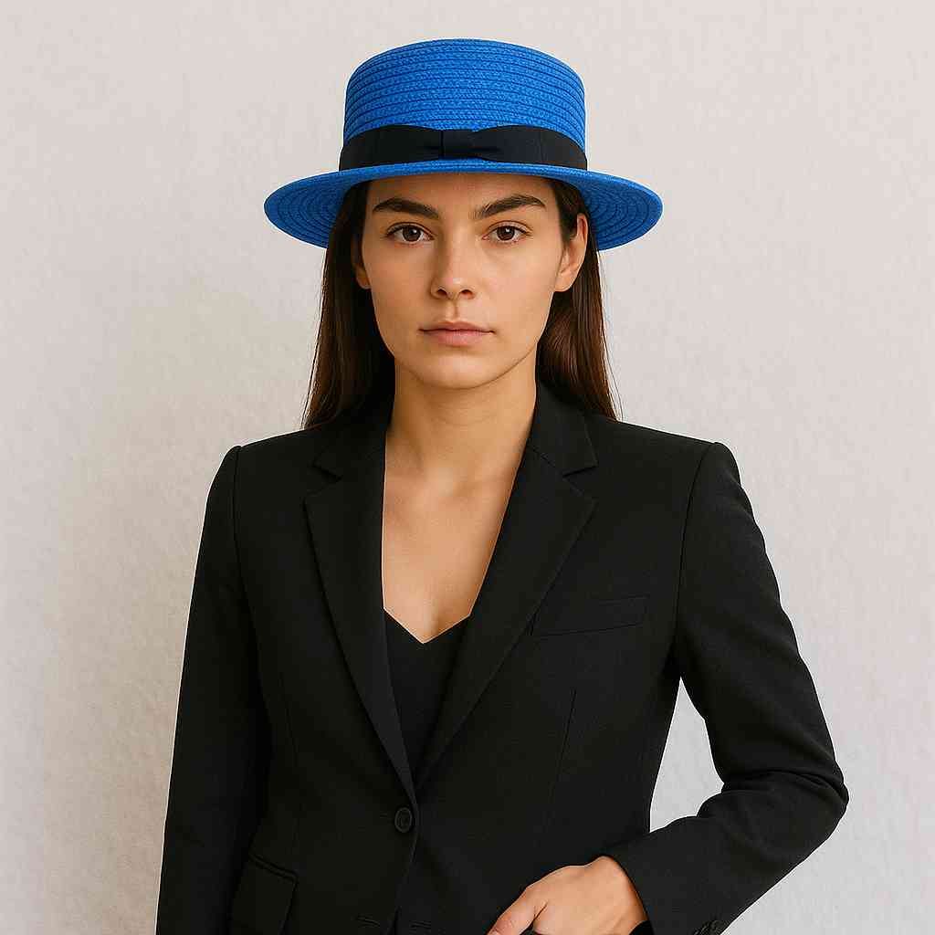Une femme porte le Chapeau Canotier de Paille bleu