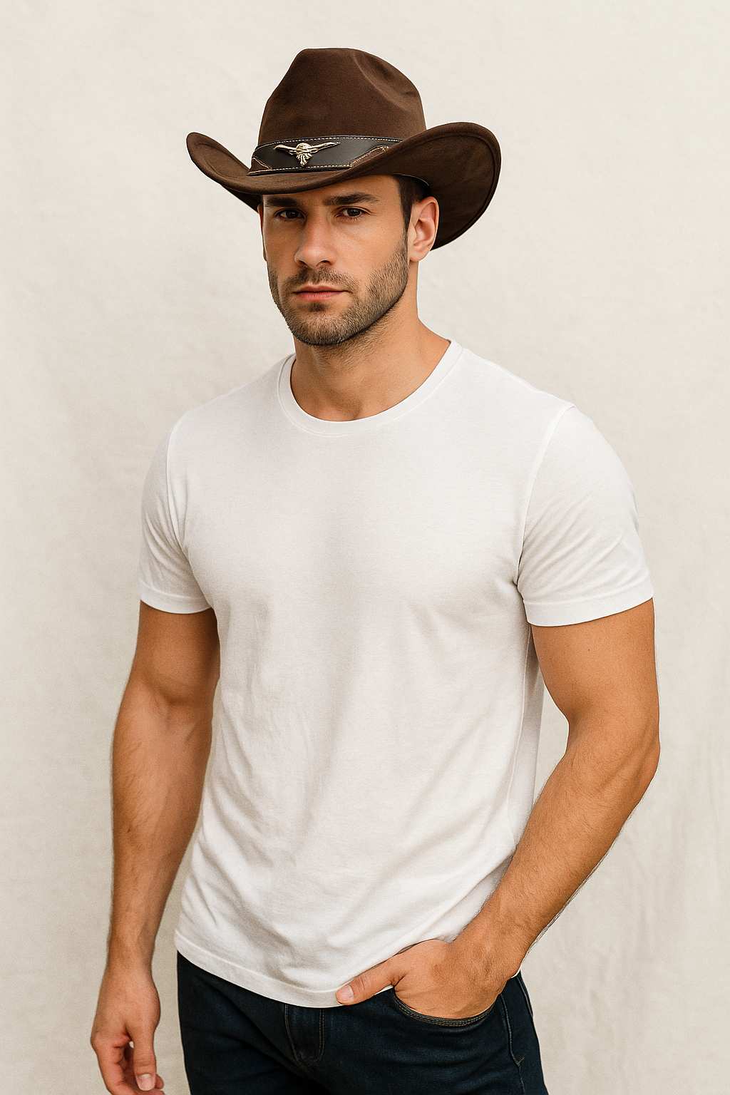 Un homme porte le Chapeau Cowboy Authentique marron