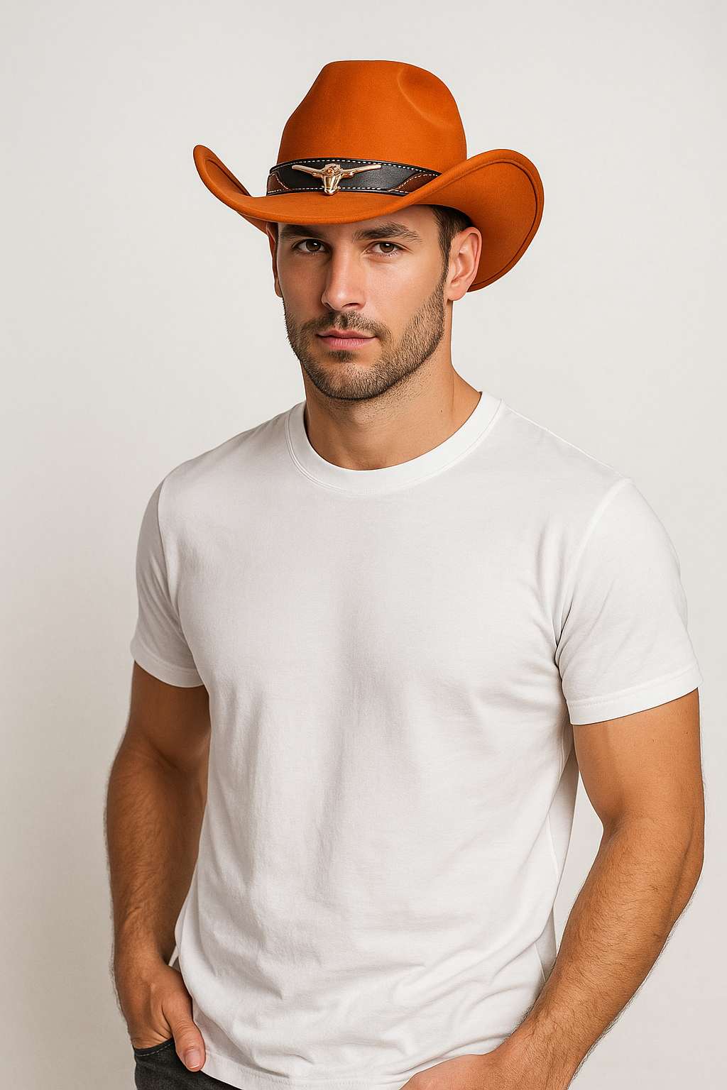 Un homme porte le Chapeau Cowboy Authentique orange