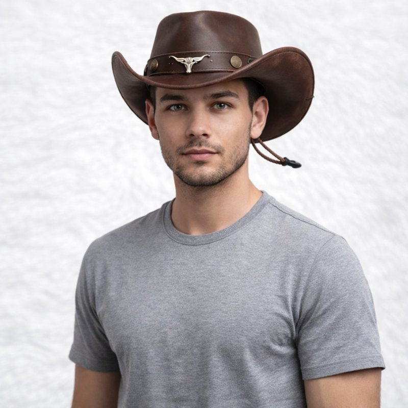 Un homme porte le Chapeau Cowboy Homme cuir​ café