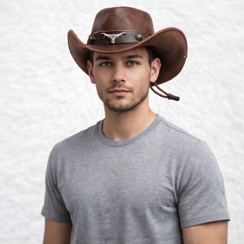 Un homme porte Chapeau Cowboy Homme cuir​ marron