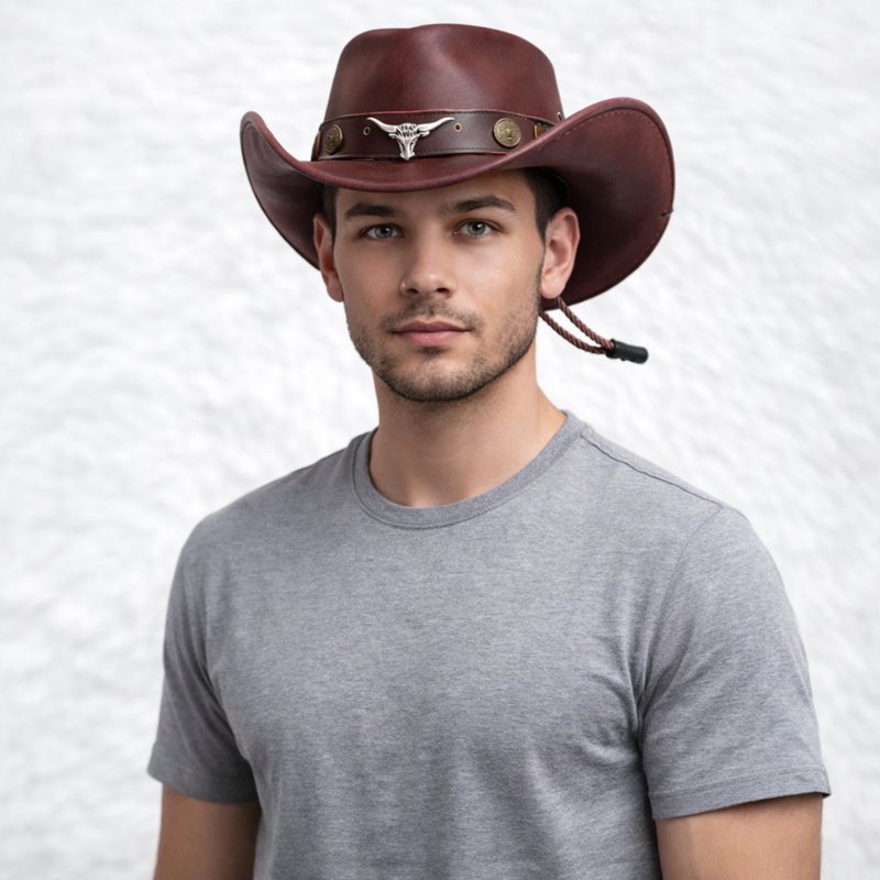 Un homme porte le Chapeau Cowboy Homme cuir​ rouge