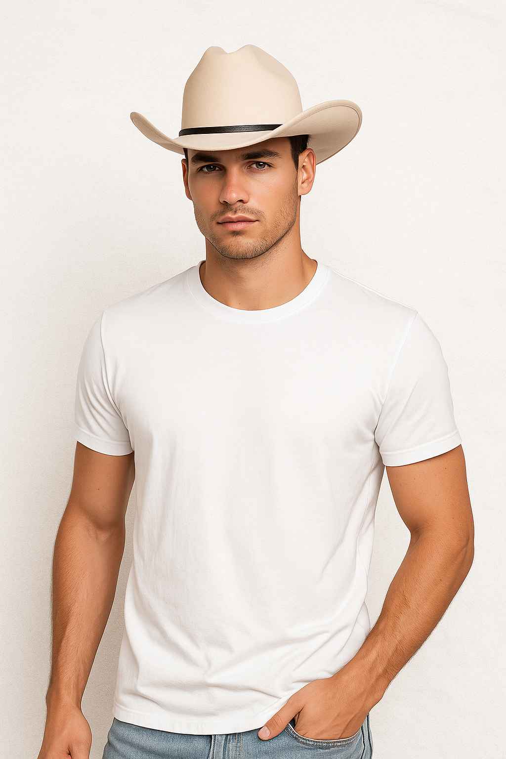 Un homme porte le  Chapeau Cowboy Luxe beige