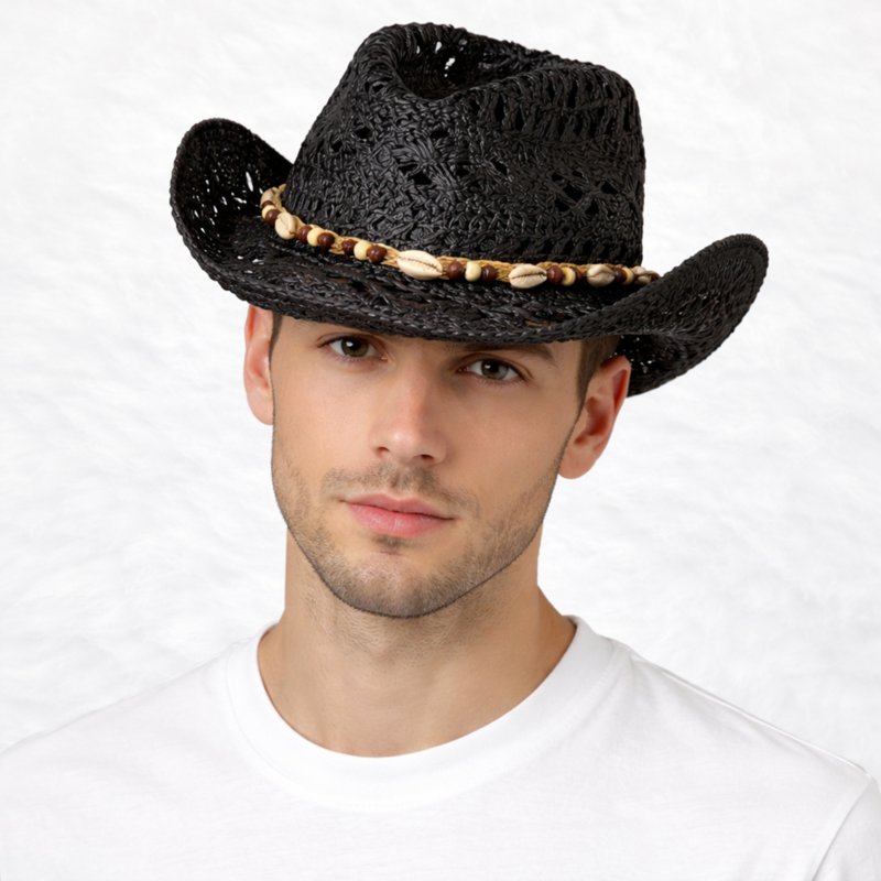 Chapeau de cow-boy en paille noir avec médaillon à longues Chapeau de cow-boy en paille noir avec médaillon à longues