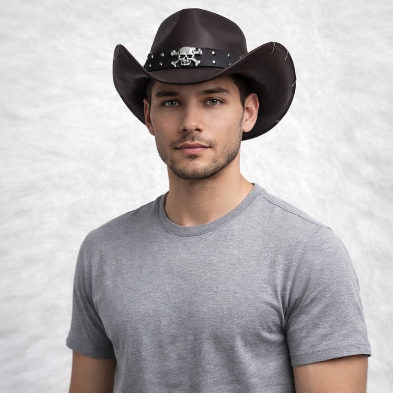 Un homme porte le Chapeau Cowboy Tête de Mort marron
