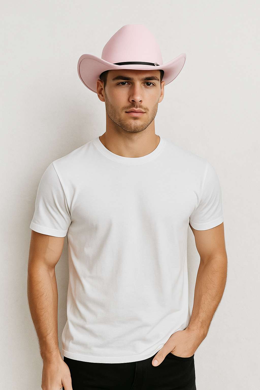 Un homme porte le Chapeau Cowboy de Luxe rose
