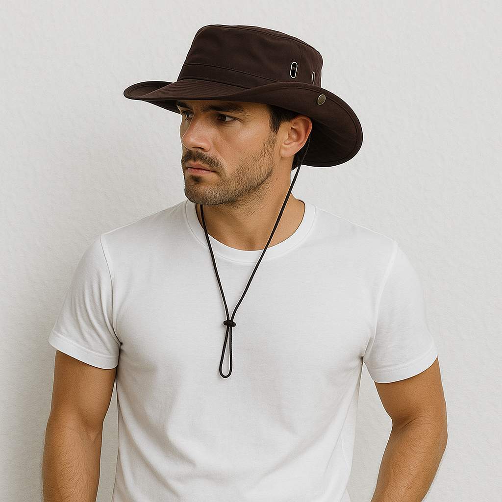 Un homme porte le Chapeau Randonnée Anti UV Marron