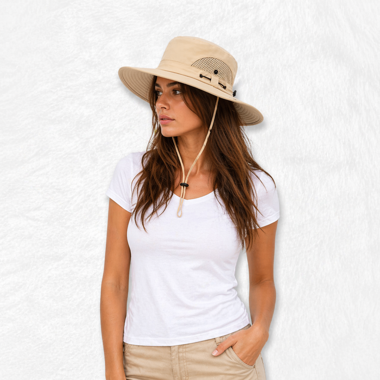 Une femme porte le Chapeau Safari Femme