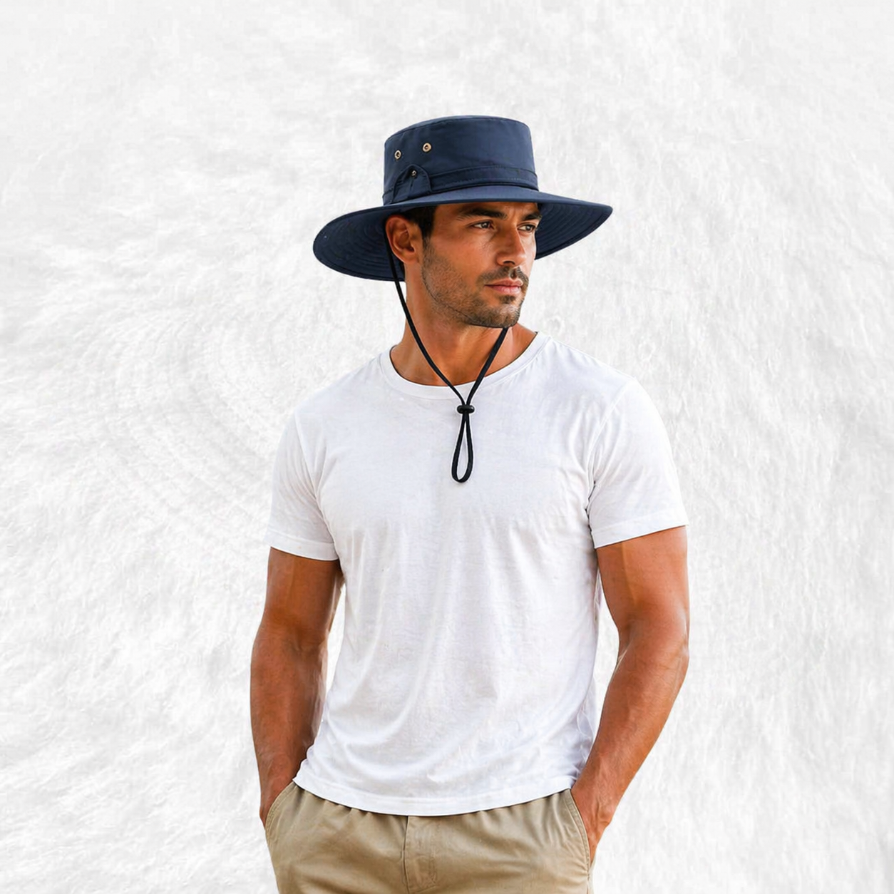 Un homme porte le Chapeau Safari Homme Bleu
