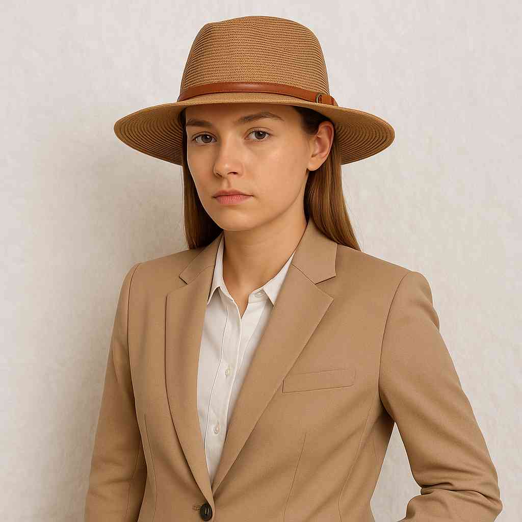 Une femme porte le Chapeau de Paille Fedora Femme beige