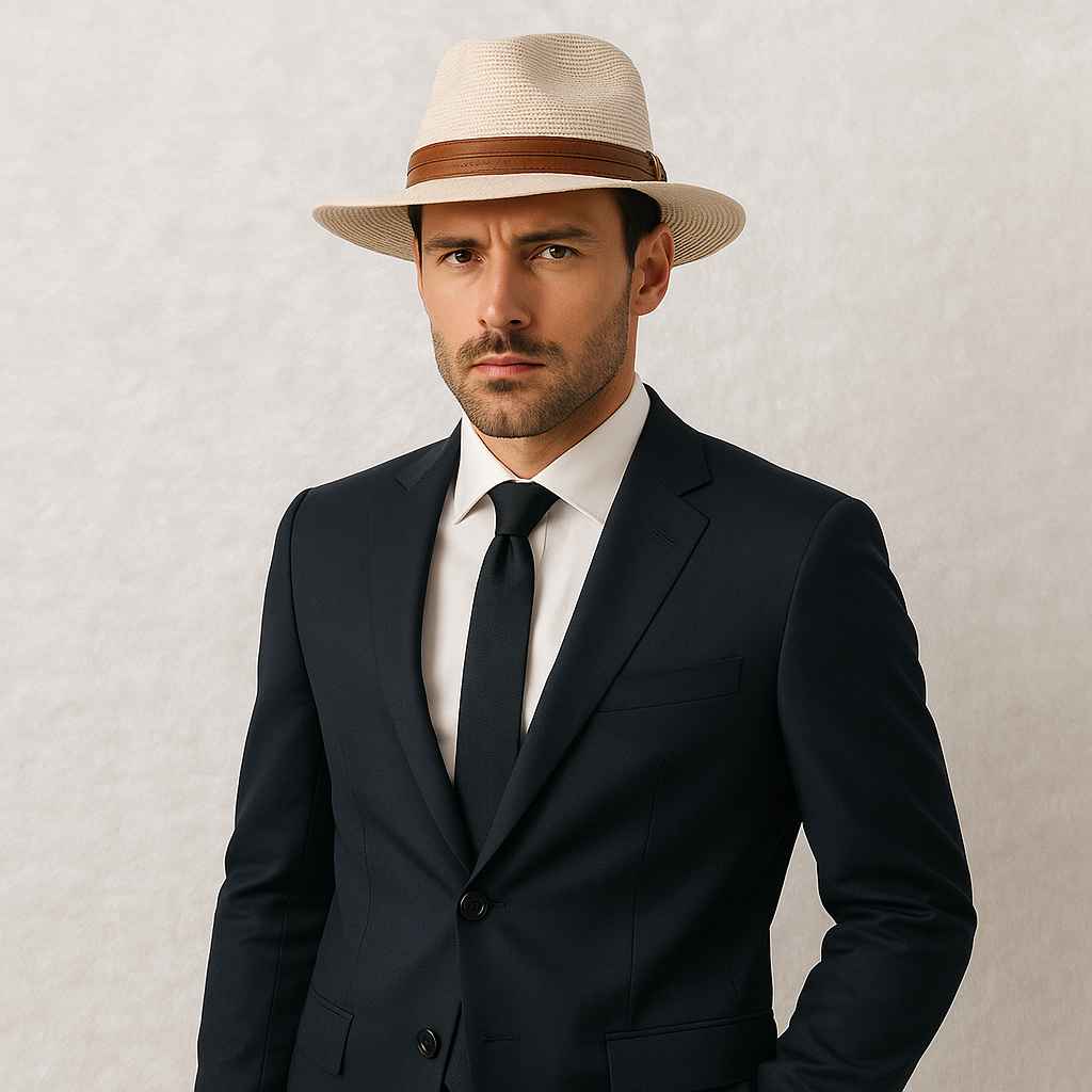 Un homme porte le Chapeau de Paille Fedora Homme crème