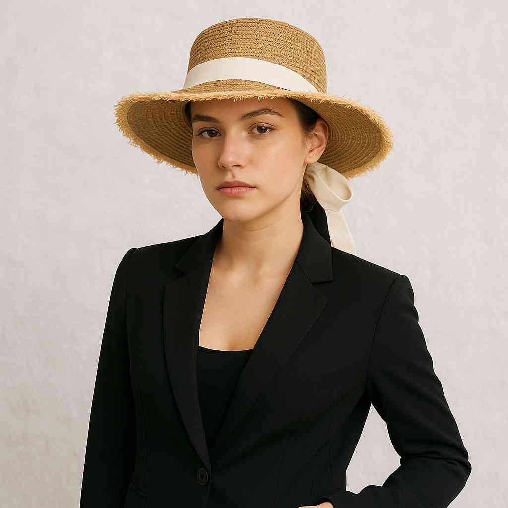 Une femme porte e Chapeau de Paille Femme Bohème beige & blanc