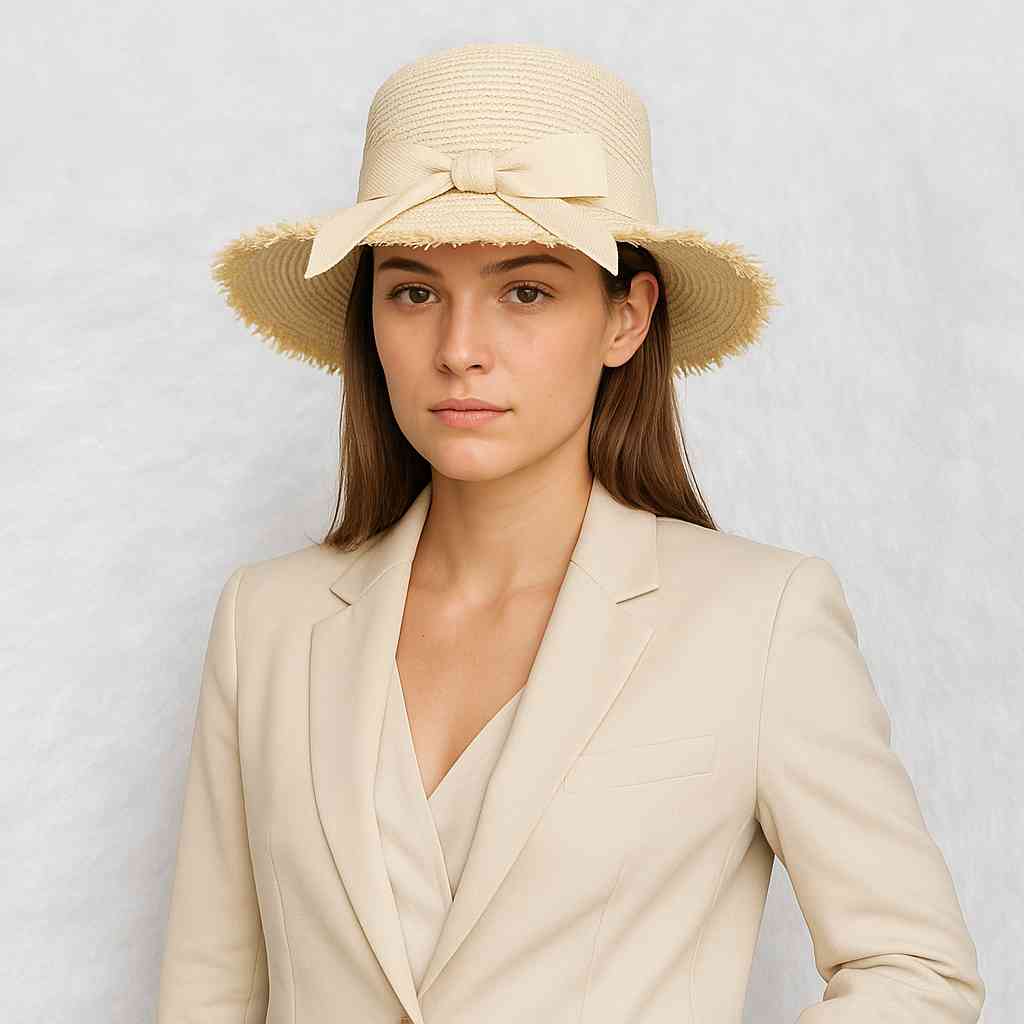 Une femme porte le Chapeau de Paille Femme Bohème blanc & crème