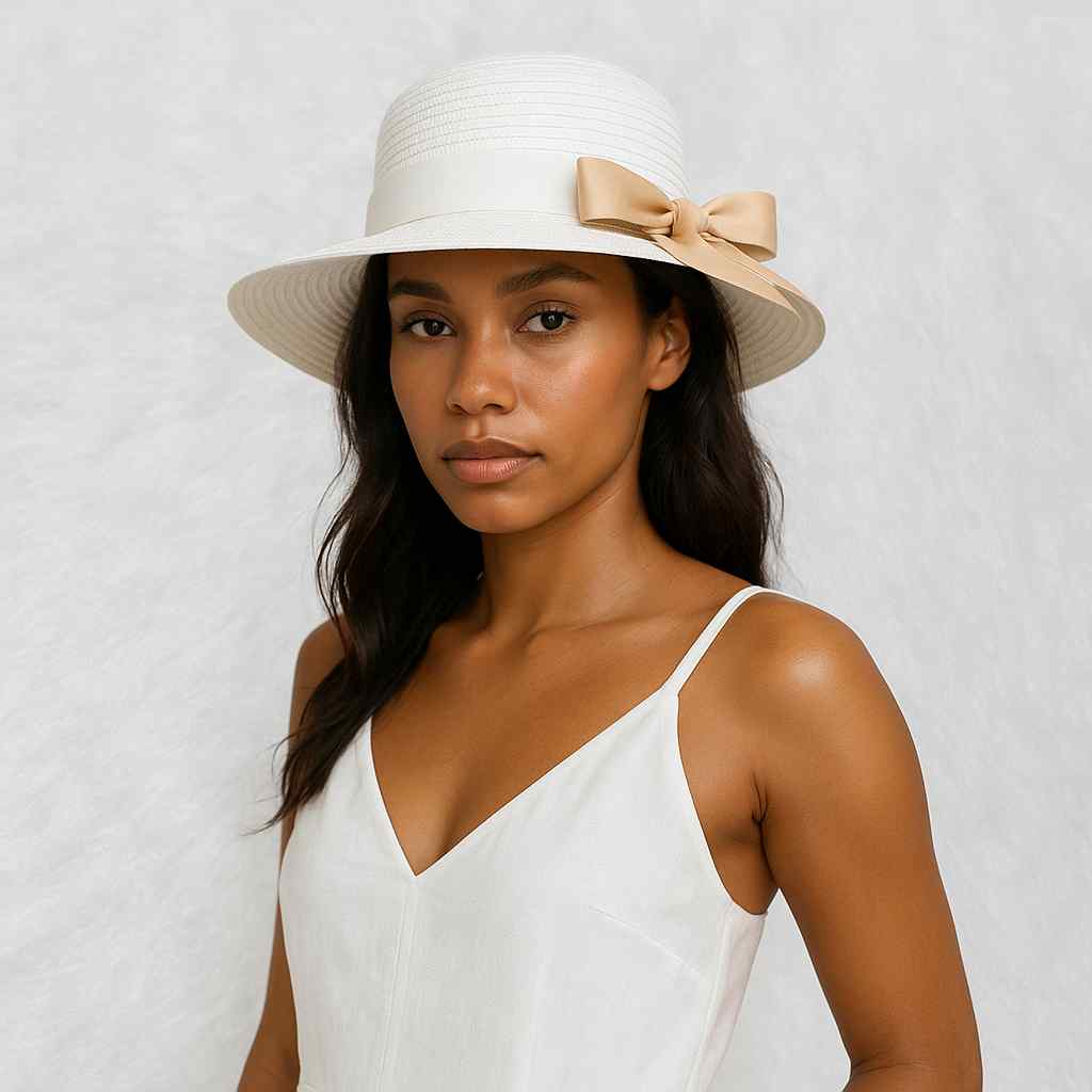 Une femme porte le Chapeau de Paille Femme Plage blanc