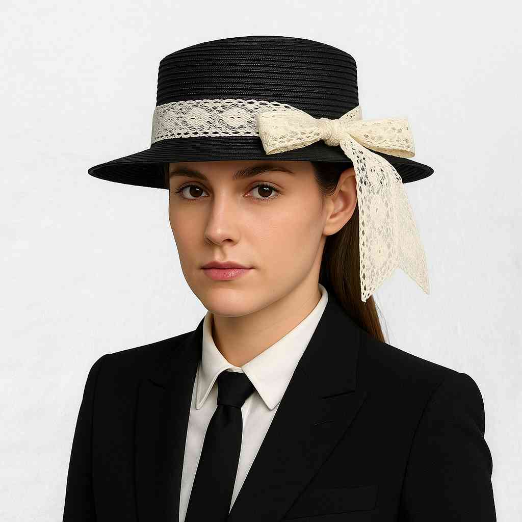 Une femme porte le Chapeau de Paille Femme Ruban en Dentelle