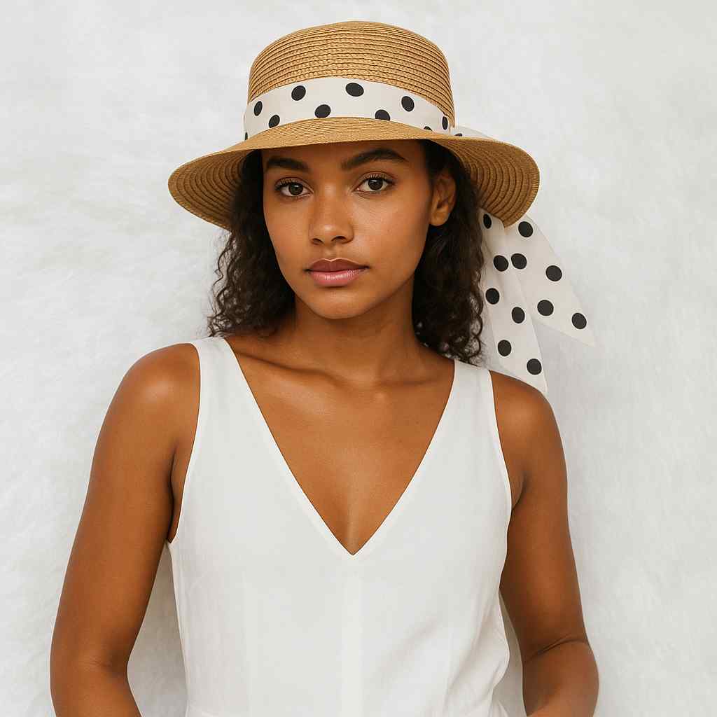 Une femme porte le Chapeau de Paille Femme Vintage beige