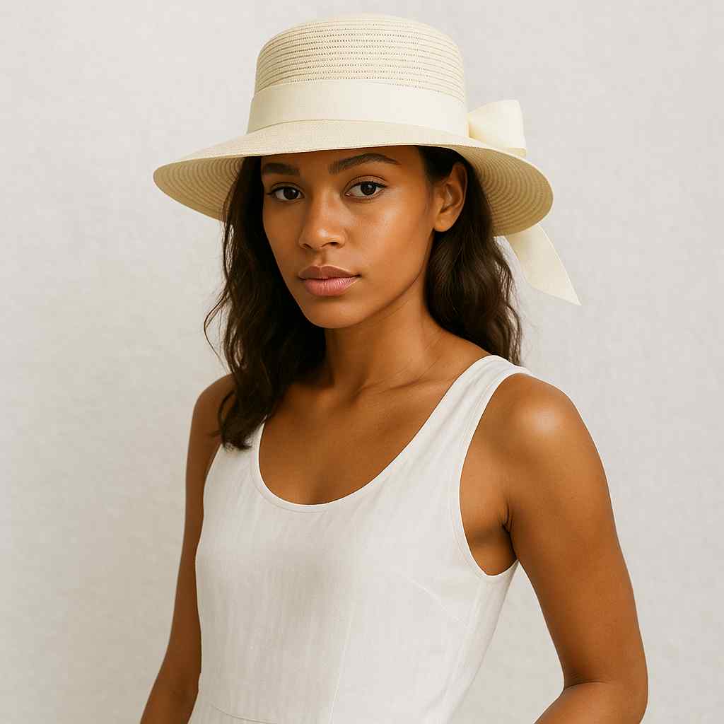 Une femme porte le Chapeau de Paille Femme d'été crème