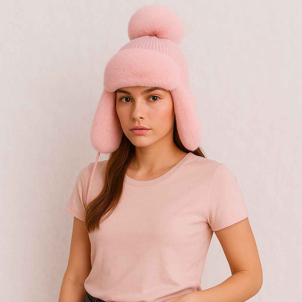 Une femme porte le Chapka Femme à Fourrure Rose