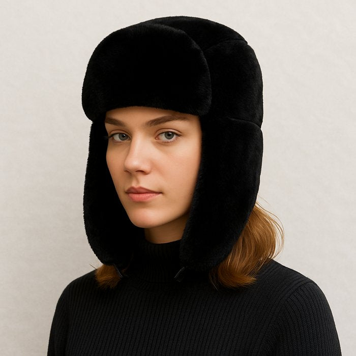Une femme porte le Chapka Femme grand froid noir