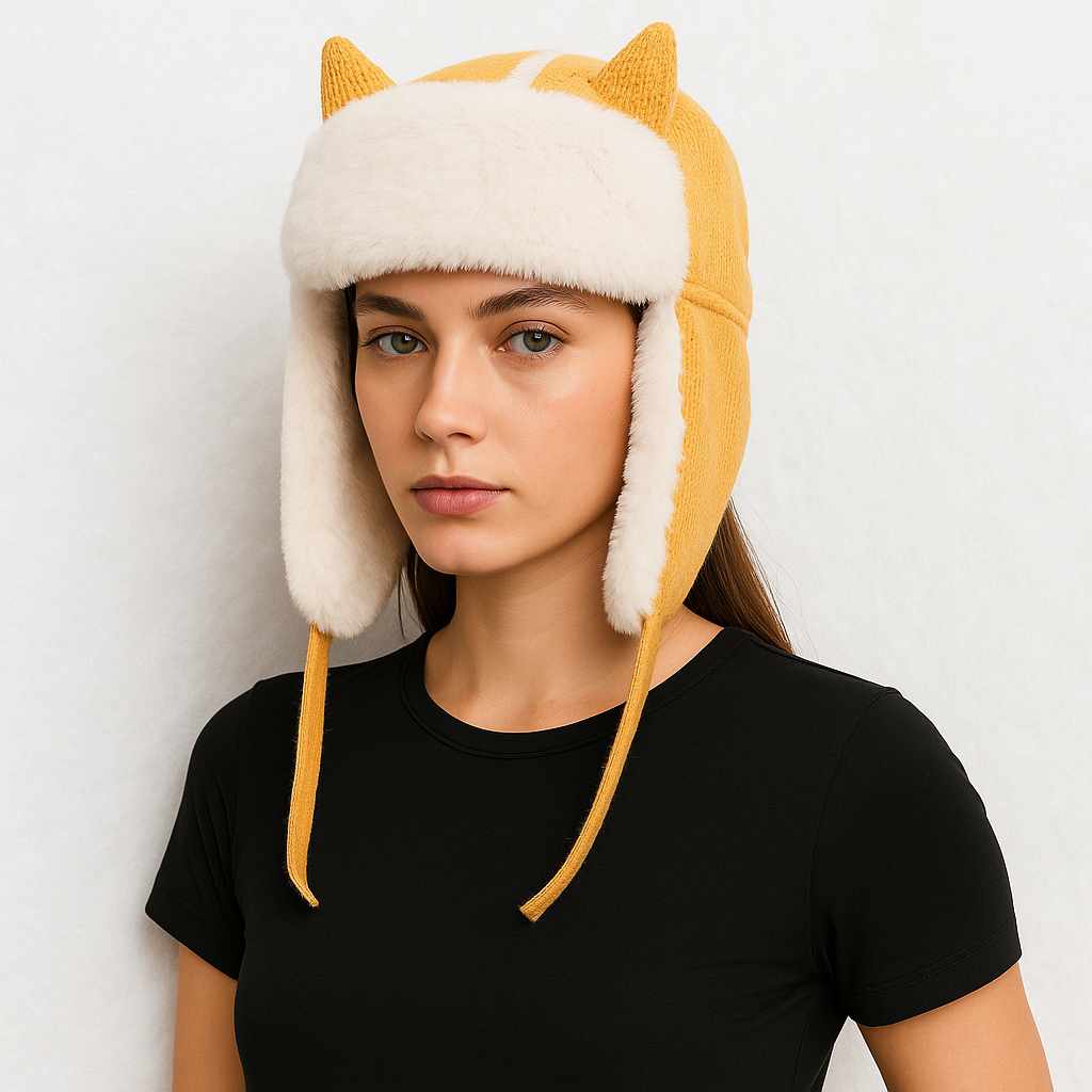 Une femme porte le Chapka à Oreilles Jaune