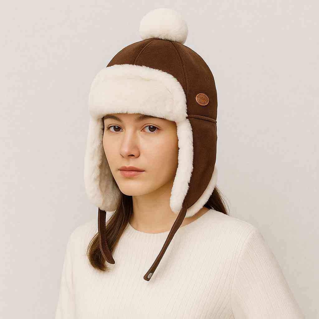 Une femme porte le Chapka avec Pompon Marron