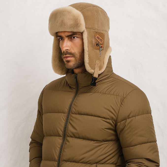 Un homme porte la chapka aviateur beige