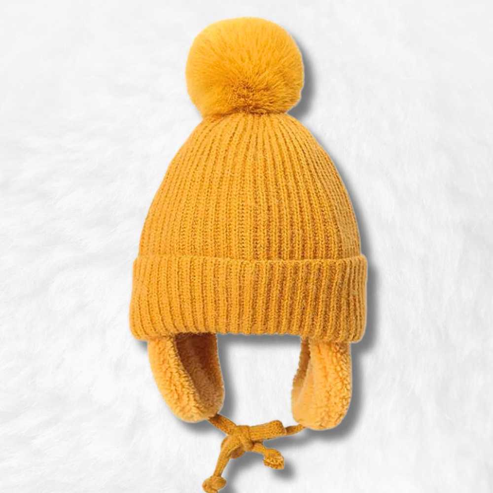 Bonnet Cache Oreille Jaune à Pompon pour Enfant 