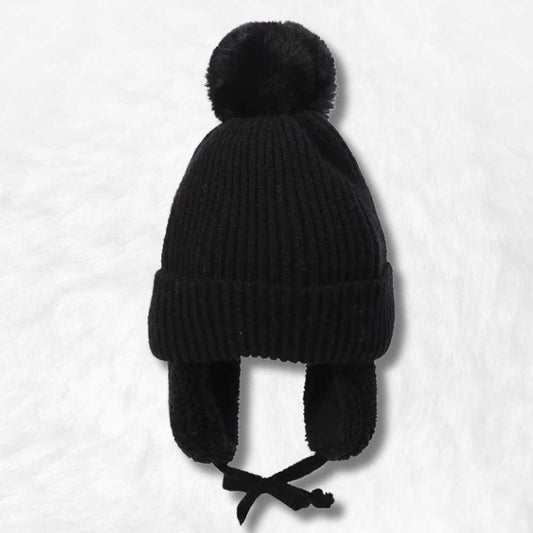 Bonnet Cache Oreille Noir à Pompon pour Enfant 