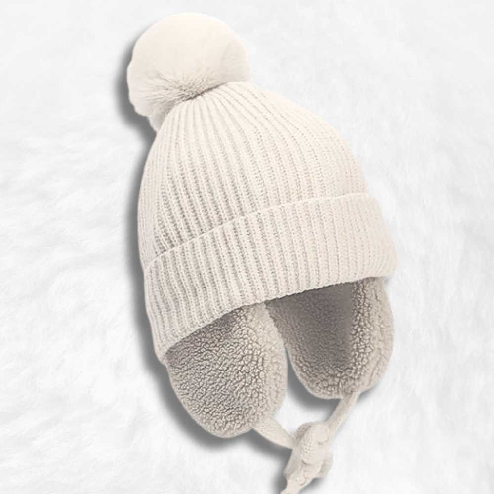 Bonnet Cache Oreille Blanc à Pompon pour Enfant de côté