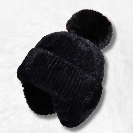 Bonnet Cache Oreille Noir avec Pompon