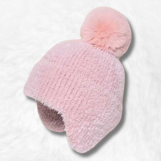 Bonnet Cache Oreille Rose avec Pompon