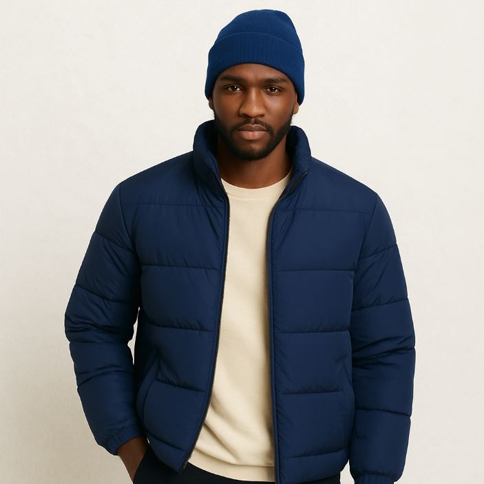 Un homme porte le Bonnet Doublé Satin bleu marine